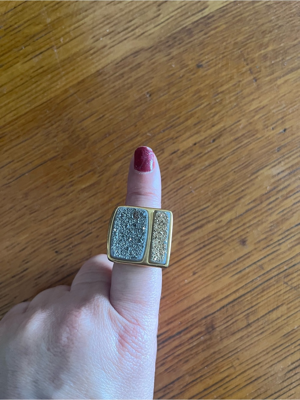 Marcia Moran Gold Rectangular Double Druzy Cocktail Ring — Silver & Gold Sparkle